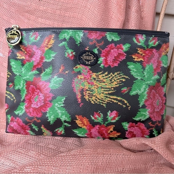Feiler Germany Vintage Rare Faux Stitch Large Black Floral Clutch Make Up Bag - Picture 1 of 6